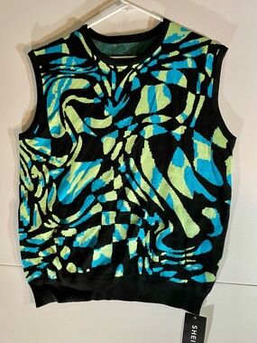 Men’s Black Patterned Knit Sweater Vest with Blue & Lime Accents Shein NWT S
